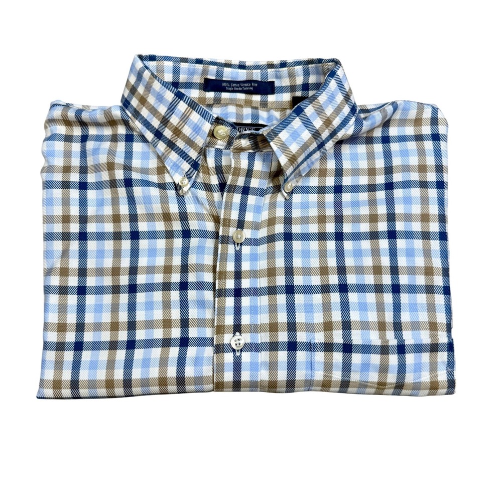 Landry's‎ Oxford Blue Brown Plaid Wrinkle Free Cotton Shirt Preppy Ivy League